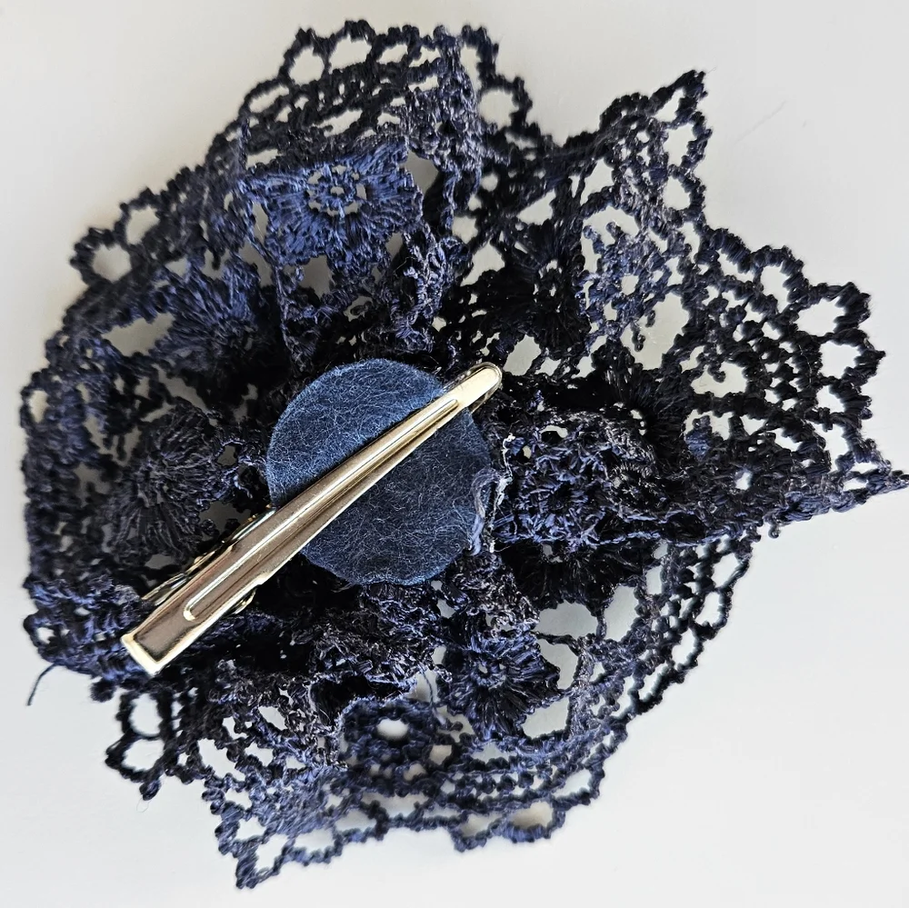 Navy Blue Crochet Crystal Center Flower Hair Clip | SZ 4